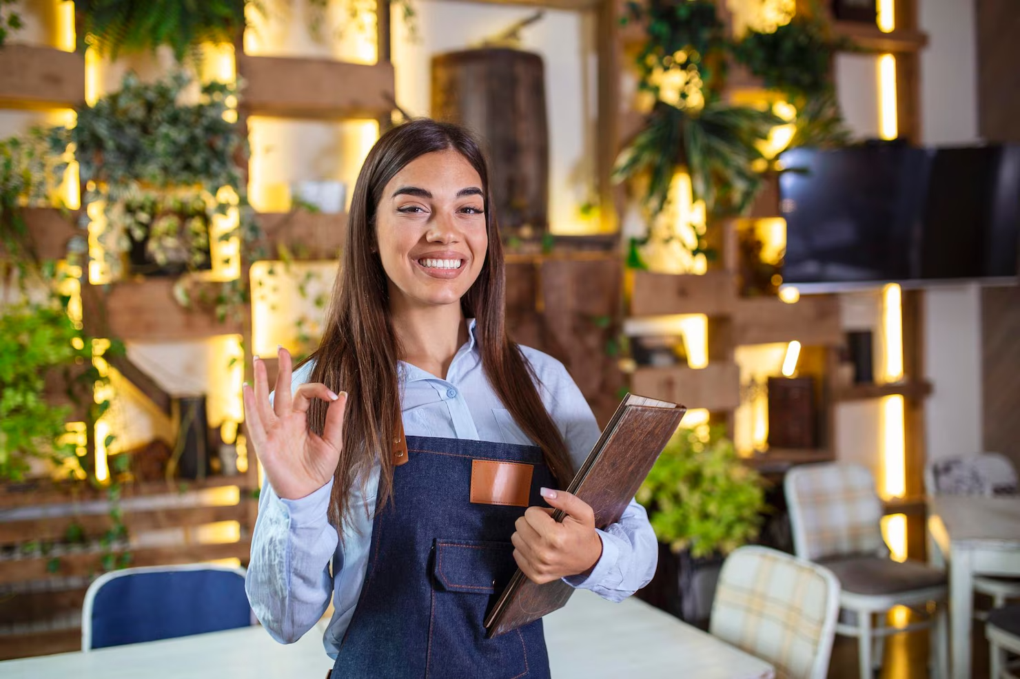 feliz hermosa camarera sonriente delantal sosteniendo menu carpetas restaurante mirando camara pie a